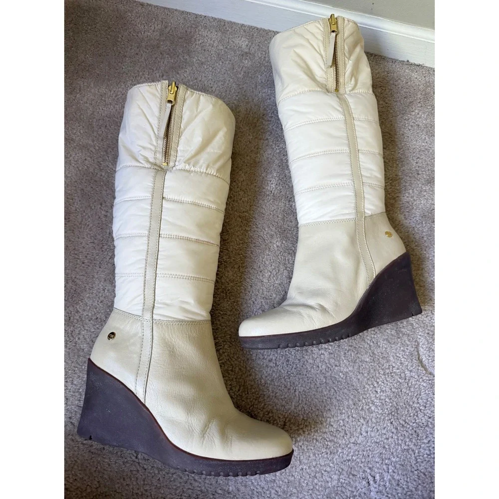 UGG Australia Wedge Boots Foldover Quilted Leather Sheepskin Cream Womens‎ 9